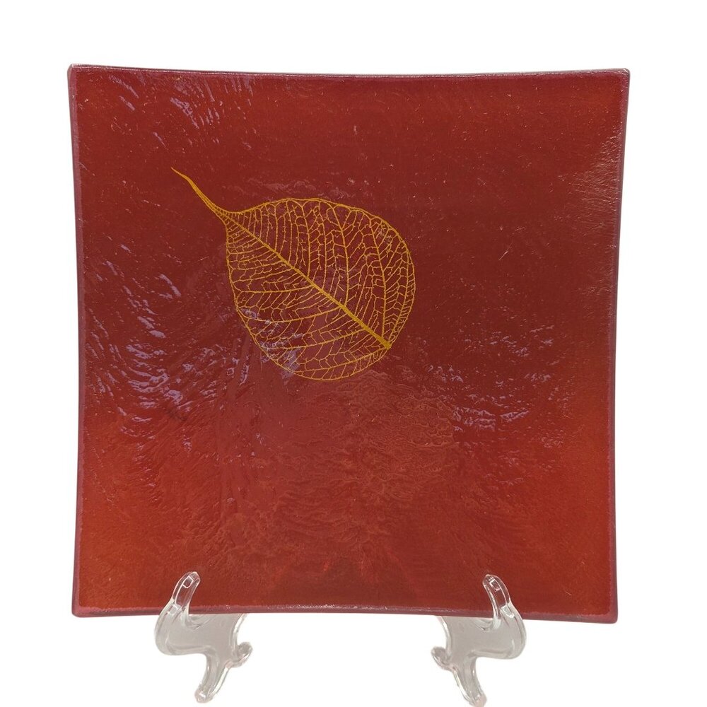 Annieglass Fallen Leaf Slab Plate Concave Fused Glass 24k Gold Leaf Signed